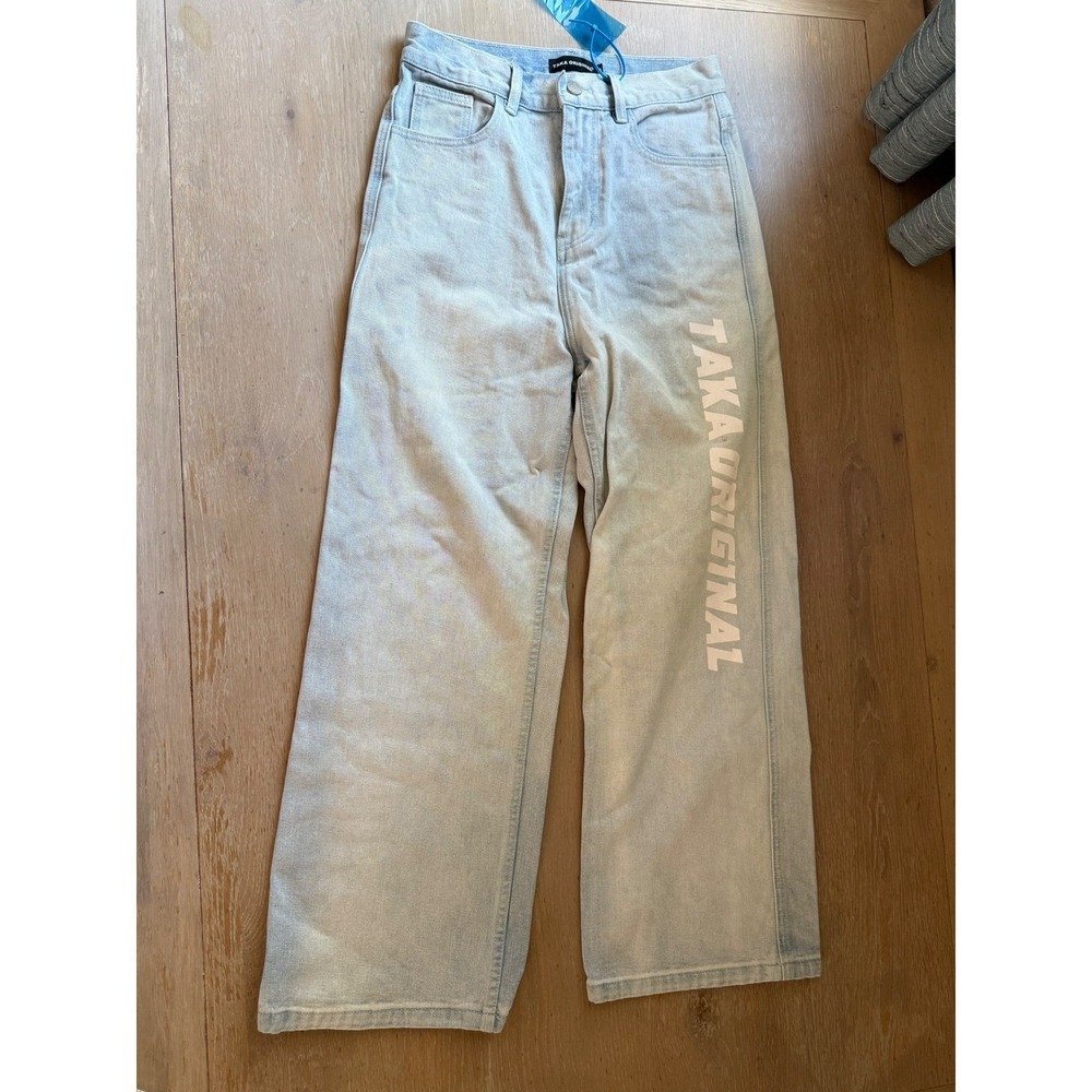 Taka Original Light Wash Graphic Streetwear Wide Leg Jeans Unisex Small